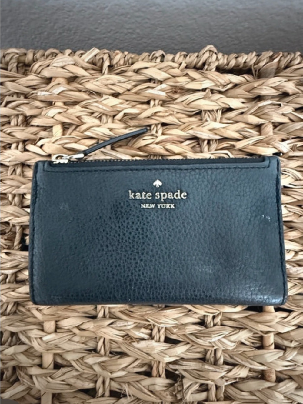 kate spade black leather zip wristlet wallet with gold logo